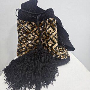 Large Beaded Wayuu Colombian Bag Black and Gold with Tassels